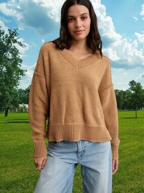 NEW!!! AMERICAN EAGLE COLOR COGNAC V-NECK 100% COTTON SWEATER - SIZE L